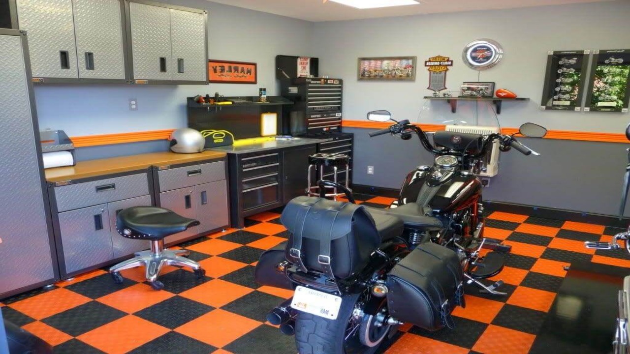 Small Harley Davidson Garage With Cabinets